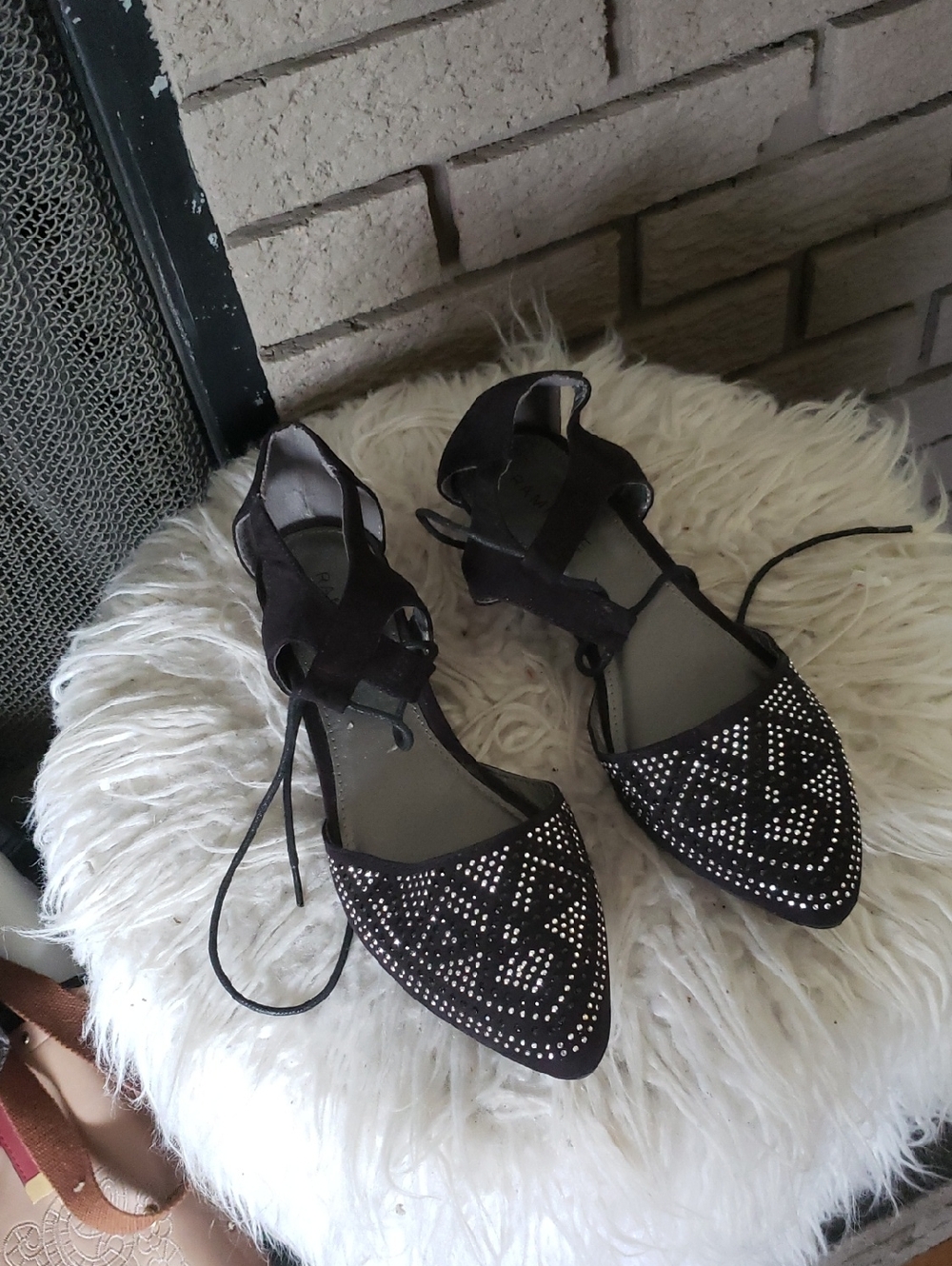 Rampage Black Pointed Lace-Up Flats with Stud Embellishment